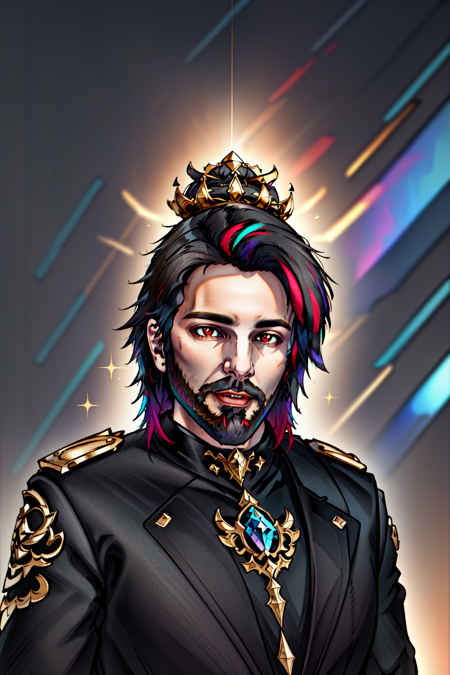 1boy, male focus, beard, stubble, facial hair, multicolored hair, crown, god, (masculine), red eyes, (masterpiece, best quality, ultra-detailed, highres), ((solo)), perfect face, sidelighting, lustrous skin,(bloom), (shine), lighting, ray tracing, sci-fi,depth_of_field,very detailed background, highly detailed background, Masterpiece, Ultra detailed, great composition,Dynamic angle,(Highest picture quality), (Master's work), extreme light and shadow, masterpiece, rich in detail, (highest quality), (masterpiece), (extremely detailed CG unity 8k wallpaper),(masterpiece), (best quality), (ultra-detailed), (best illustration),(best shadow),perfect lighting , perfect anatomy , vivid colors, (masterpiece),<lora:DuskfallArtV3:0.75>