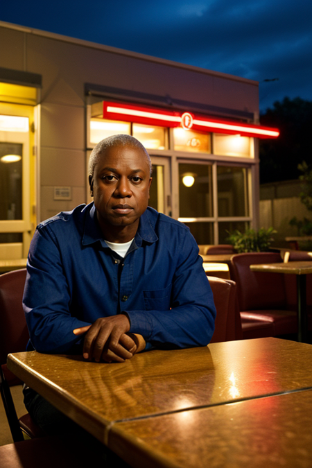 AndreBraugher, portrait of a man in front of a diner at night, raining