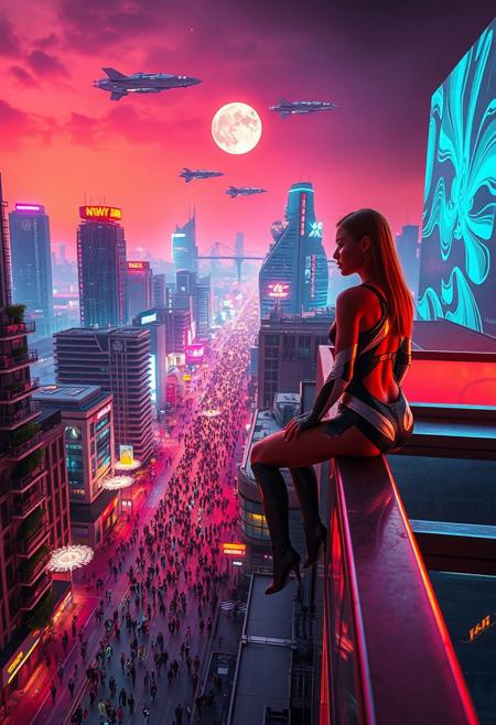 (Soft Lighting Photography by Mimoza Veliu and Mario Giacomelli:1.2), NSFW, showcasing a bustling futuristic metropolis under a neon-lit sunny sky. A woman in sleek, high-tech clothing sits on the edge of a highrise rooftop on the right side, gazing down at the lively street far below, filled with people in futuristic outfits illuminated by glowing holographic advertisements. Above her, advanced space ships ascend toward the stars, their lights cutting through the vivid urban glow. The cityscape features towering skyscrapers with vertical gardens and intricate architecture, blending nature and technology seamlessly, while the air thrums with the energy of human innovation and ambition., sexy, dynamic poses,