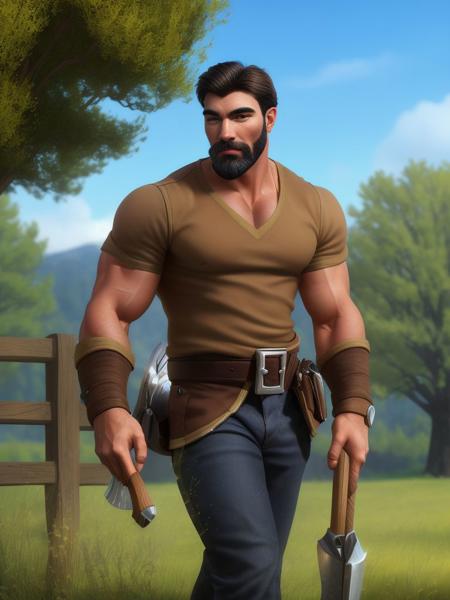 <lora:Warcraft3_peasant:0.7> solo, looking at viewer, short hair, black hair, 1boy, holding, weapon, male focus, boots, outdoors, sky, day, belt, pants, armor, tree, blue sky, muscular, feet out of frame, facial hair, thick eyebrows, grass, muscular male, bara, beard, walking, mature male, fence, mustache, axe, manly, house, realistic, 8k, ultra hd, beautiful, professional, highres, absurdres, award winning, photorealistic, ultra highres, sharp focus, best quality, extremely detailed, masterpiece, hyper-detailed, photographic, perfect detailed hands, perfect face, perfect body, perfect eyes, perfect lips, perfect nose, perfect hands, perfect fingers