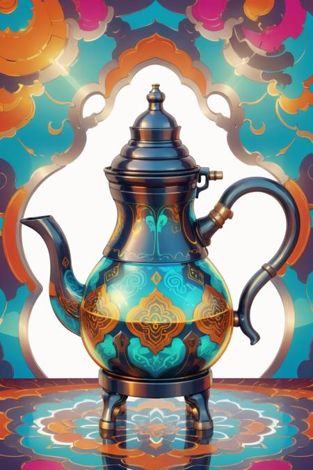 a moroccan teapot and glass. graphic illustration,  emerging from a chaotic swirl of colors. vibrant,  A Hi-Tech cyberpunk style,  moroccan patterns glowing,  Custom design,  Mechanical parts,  shining body,  glowing look,  full shining,  hues style,  cyberpunk style,  mecha,  perfect Hi-Tech,  cyberpunk,  atai,  atai, atai, <lora:EMS-29657-EMS:0.600000>