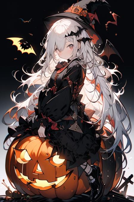 masterpiece, best quality, high quality, 4k, <lora:halloween-09:0.8>1girl,halloween costume,bat,Glowing Pumpkin,long hair, white hair, yellow eyes, Witch Hat <lora:Colorful portraits_20230715165729-000018:0.6>