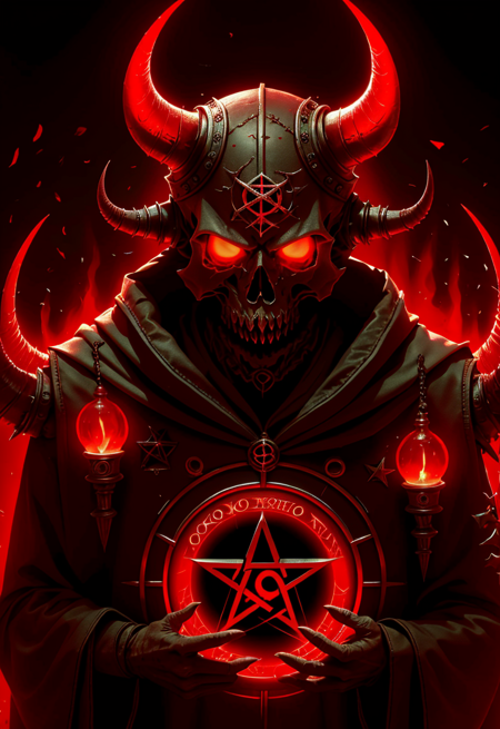 <lora:Blood:1> a close up of a demonic skull with a pentagram in the background, demon circle, demon, character art, red cloth around his shoulders, horns, rusty circle, third eye  <lora:xTTx:1>