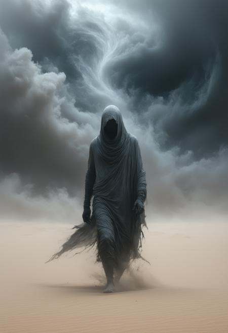 A shrouded wanderer strides through a monochrome desert storm, veiled in translucent ash-grey silks that ripple like liquid smoke against razor-edged dunes (low-angle view, dwarfed by a towering cyclone). Echoing Zdzisław Beksiński’s dystopian surrealism and Turner’s tempestuous skies, the palette bleeds slate, ochre, and bruised crimson under diffused, directionless light that fractures into prismatic halos. Grit swirls in spirals, etching skin with luminous scars; their tattered mask reveals one unyielding cobalt eye. Beneath cracked soles, ghostly hands claw upward—defied, dissolving into sand. A single silver thread glints ahead, taut against the void.