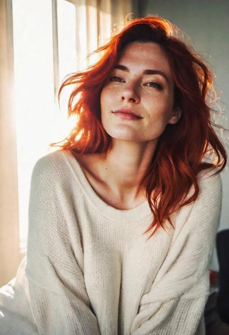 moody instagram photo, full size photo of 32 years old woman, from below, dressed in long oversized white sweater with deep decollete, tiny tits, dirty fiery red hair, bright tips of hair, sun-kissed skin, cute smile, sleepy mood, hard shadows, dark, overexposed filter, silhouetted against the bright light, night-time