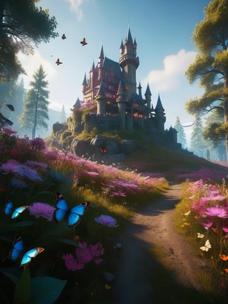 <lora:3DCyberpunkStyle_Hap_XL:1.3>,cyberpunk 2077 style, Magical Forest scenery,looking at the viewer, ultra realistic extremely detailed, meadow, castle crystal clear lake, trees, realistic highly detailed colorful field of flowers, (soft particles of fractal energy:1.3), depth of filed, (neon light particles:1.1), ultra-detailed,extremely delicate cute and beautiful,masterpiece,best quality, cinematic angle, cinematic lights, vibrant, vivid color,movie lens,movie special effects,detailed details,HDR,UHD,32K,concept art, magical scenery at daylight, (colorful butterflies:1.6), (full body:1.9), sharp focus, intricate details, iluminated by bright colors, (colorful flowers:1.3), (colorful particles:1.3), soft skin, (adorable look:1.8)(glowing tones:1.6),(glitter tones:1.2), beautiful,
