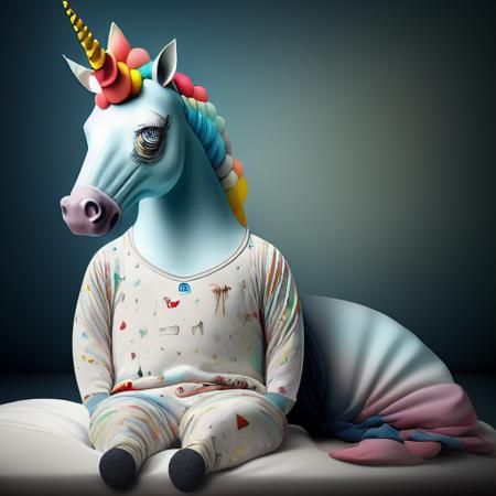 a surrealist sleepyheaded unicorn wearing pajamas inspired by Davegore and Yves Tanguy and Kahn Nova and Mark Ryden, muted colors, 128k, photorealistic, Houdini 3d, extremely intricate, ultradetailed, cinematic lighting, epic composition ,     <lora:LilYunicorn2-08:1>