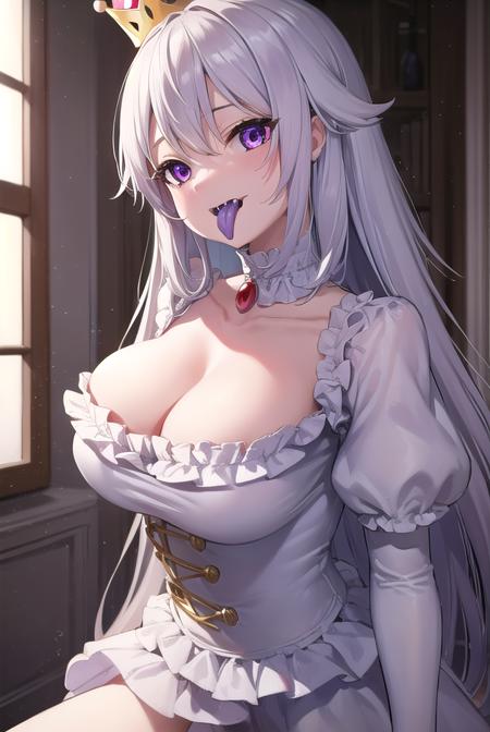 princesskingboo, <lora:princess king boo-lora-nochekaiser:1>,
princess king boo, crown, fangs, long hair, (purple eyes:1.1), sharp teeth, super crown, teeth, tongue, (tongue out:1.5), pale skin,
BREAK cleavage, dress, elbow gloves, gloves, white dress, white gloves, frills, juliet sleeves, puffy sleeves,
BREAK indoors, castle, night, sky, clouds,
BREAK looking at viewer, (cowboy shot:1.5),
BREAK <lyco:GoodHands-beta2:1>, (masterpiece:1.2), best quality, high resolution, unity 8k wallpaper, (illustration:0.8), (beautiful detailed eyes:1.6), extremely detailed face, perfect lighting, extremely detailed CG, (perfect hands, perfect anatomy),