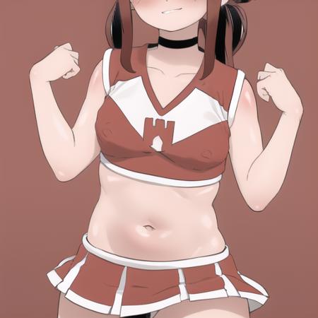 ch33r, red outfit, bare arms, midriff, red wristband, white socks, red shoes