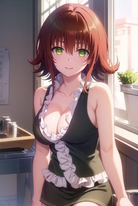 ryoukomikado, <lora:ryouko mikado darkness-lora-nochekaiser:1>,
ryouko mikado, short hair, hair between eyes, (green eyes:1.5), red hair, hair intakes, smile,
BREAK skirt, shirt, thighhighs, cleavage, frills, sleeveless, black skirt, sleeveless shirt, pink shirt, frilled shirt,
BREAK indoors, classroom,
BREAK looking at viewer, (cowboy shot:1.5),
BREAK <lyco:GoodHands-beta2:1>, (masterpiece:1.2), best quality, high resolution, unity 8k wallpaper, (illustration:0.8), (beautiful detailed eyes:1.6), extremely detailed face, perfect lighting, extremely detailed CG, (perfect hands, perfect anatomy),