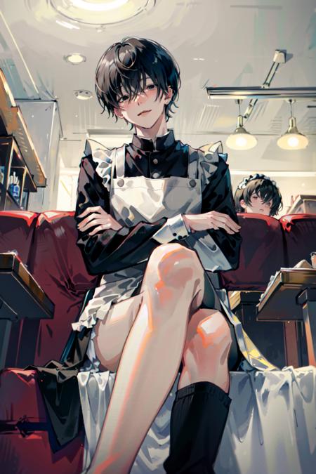 (masterpiece, best quality), illustration, <lora:yoshidahirofumi_csmv2:1>, yoshida_csm, crossed bangs, 1boy, maid apron, maid headdress, maid, smile, black skirt, crossed arms, from below, sitting, cafe, blush, parted lips, looking at viewer, long skirt, black ribbon, feet, foot focus,