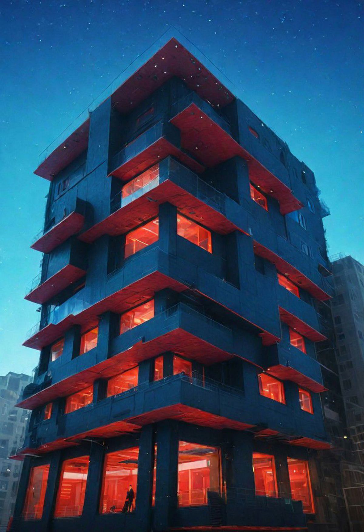Tall Building with Red Lights on the Top Floor