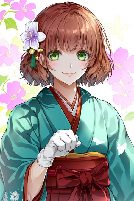 ichigestyle, 1girl, japanese clothes, green eyes, yagasuri, gloves, smile, kimono, flower, short hair, white gloves, brown hair, hair ornament, floral background, looking at viewer, hair flower, solo focus, hakama, red hair, hakama skirt, out of frame, asa no ha (pattern)