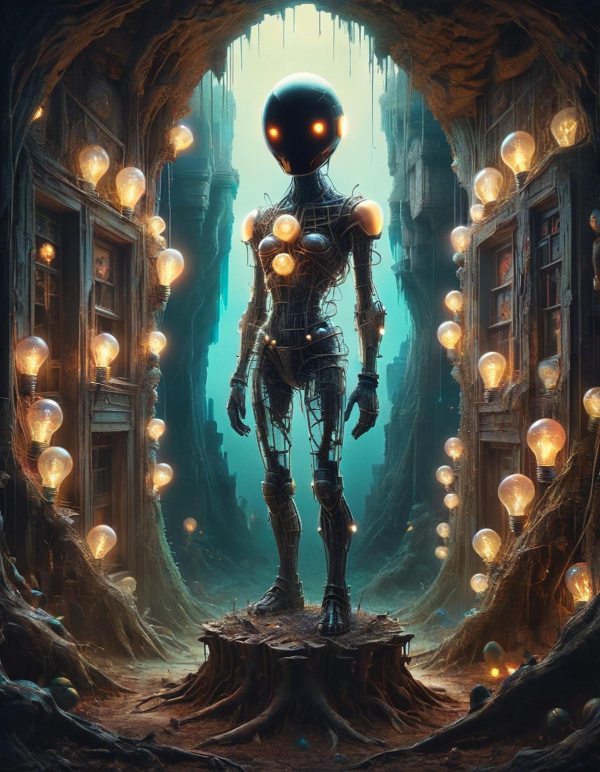 A robot standing between two buildings with lights surrounding it.