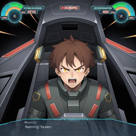 A gaming screen featuring an array of UI elements and a dialogue box. The main focus is a half-portrait of a man, angrily roaring, prominently positioned in a cockpit. He's depicted in an intense, <lora:robotulta4:0.7>, up-close view, capturing every detail of his fierce expression and the cockpit's intricate controls. The background exudes dynamism, filled with high-energy visuals. The UI includes health and ammo indicators, a minimap, and active mission objectives, all designed to immerse the player in a thrilling gaming experience