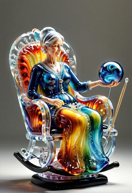 Life in Crystal,  An elderly woan sitting in rocking chair knitting made out of murano_glass_style, pair of knitting needles, ball of yarn, all made of colorful glass, life size, dramatic, vibrant colors, vivid colors, Masterpiece, best quality, amazing quality, volumetric lighting, SFW, exquisite detail, digital art, highly detailed, beautiful, surreal,
