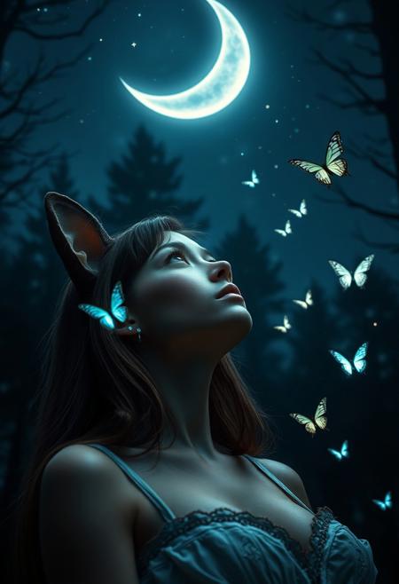 Girl with big breasts with cat ears gazing upwards, lost in contemplation as she takes in the majesty of the night sky. Against the darkened backdrop of a mystical forest, a silver crescent moon casts an ethereal glow, while starlight twinkles like diamonds scattered across the canvas. A fluttering cloud of bioluminescent butterflies dance around her head, their soft luminescence illuminating her gentle features as she basks in the celestial display. highly detailed and hyper realistic photo, by Alena Aenami , by Archibald Thorburn , by Daniele Afferni , limited dark palette, unusual dark colors, faded colors, atmospheric haze, highly dramatic cinematic lighting, motion blur, film grain,  professional, excellent composition, finest details, maximized details, ultimate detail level, masterpiece, best quality