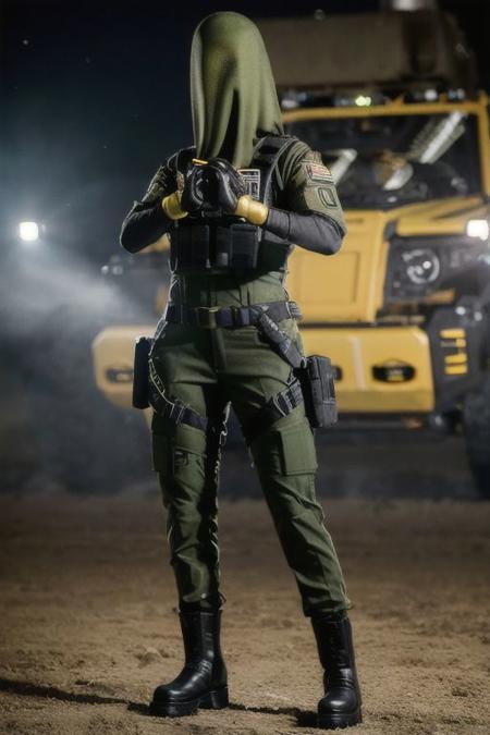 cinematic shoot, 1girl, Nokk, millitary, specjal force, uniform, green , mask, covered face, detailed, intricate details, perfect quality, best quality, masterpiece, realistic, photorealisitc , full body shoot, cowboy shoot , bokeh, realistic lights, profesional photo, 8k, detailed skin, military boots, standing, posing,