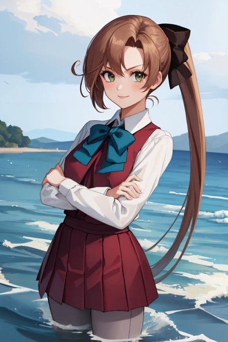 akigumo ponytail hair ribbon school uniform shirt bow skirt grey pantyhose