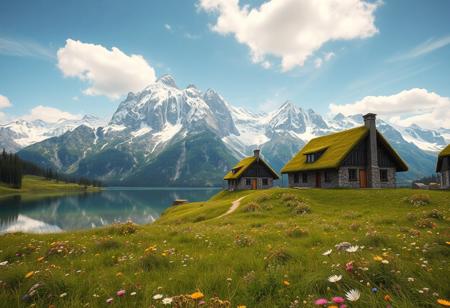 Ultra realism, high quality, high resolution 8K and above, stable and accurate focus, ultra correct anatomy, super detail. A beautiful mountain scene with tall snow-capped peaks reflected in a crystal clear lake. In the foreground are green meadows dotted with wild flowers of various colors. Included in the landscape are houses built of stone and wood, architecturally designed to blend in with nature. The roofs of the houses are covered with thick grass and flowers