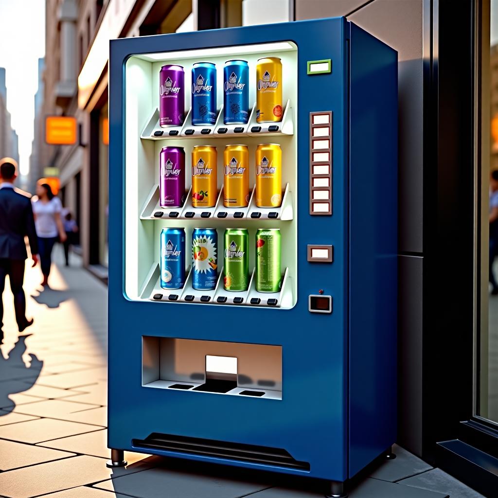 a soda vending machine, with a list of vertical buttons on the right side and a drop chute at the bottom, on a city corner.
there are four kinds of soda
soda 1 is a purple soda can with the name "Simulacrum",
soda 2 is a blue soda can with the name "DeDistilled",
soda 3 is a yellow soda can named "V3",
and soda 4 is a green sodca can named "FLUX"