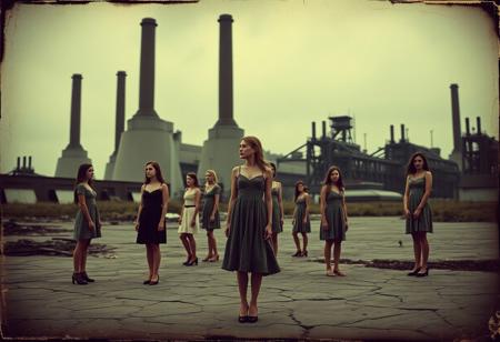 Surreal industrial landscape with towering mills looming in the background. Multiple women stand in the foreground, each with a distinct presence—some poised and confident, others seemingly caught in moments of carelessness or distraction. One woman, though appearing secondary, holds an air of subtle victory, quietly triumphant amidst the chaos. The scene is tinged with vintage vibes, captured like an antique ambrotype photograph. The surroundings show signs of neglect—cracked pavement, scattered debris, and muted colors—enhancing the moody, overcast atmosphere, with the girls’ forms creating a delicate contrast against the harsh industrial backdrop.