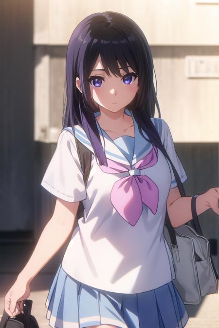 reinakousaka, <lora:reina kousaka s2-lora-nochekaiser:1>,
reina kousaka, kousaka reina, long hair, bangs, black hair, (purple eyes:1.1),
BREAK skirt, shirt, school uniform, white shirt, short sleeves, pleated skirt, serafuku, sailor collar, blue skirt, neckerchief, red sailor collar, school bag, pink neckerchief, kitauji high school uniform,
BREAK indoors, classroom,
BREAK looking at viewer, (cowboy shot:1.5),
BREAK <lyco:GoodHands-beta2:1>, (masterpiece:1.2), best quality, high resolution, unity 8k wallpaper, (illustration:0.8), (beautiful detailed eyes:1.6), extremely detailed face, perfect lighting, extremely detailed CG, (perfect hands, perfect anatomy),