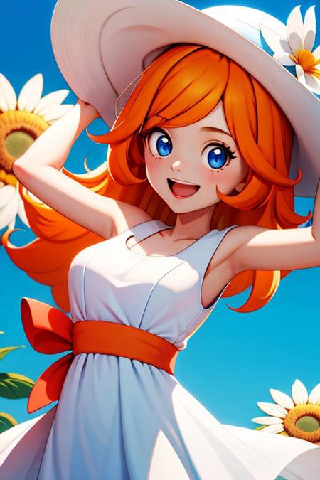 1girl, long hair, blue eyes, solo, orange hair, smile, dress, labcoat, red dress 1girl, blue eyes, solo, orange hair, smile, dress, long hair, smile, open mouth, hat, dress, bow, ribbon, upper body, flower,  outdoors, sleeveless, white dress, , sleeveless dress, white flower, sun hat, hat flower, sundress