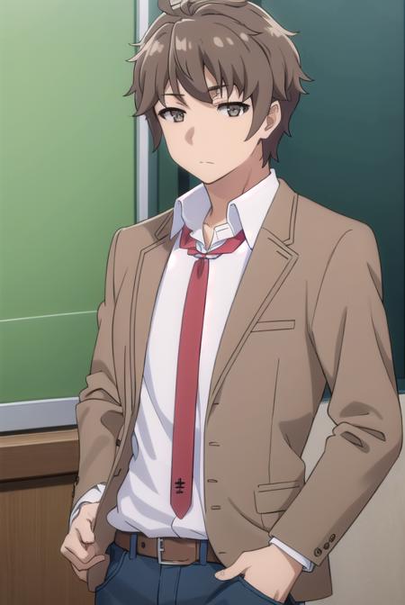 sakutaazusagawa, <lora:sakuta azusagawa s1-lora-nochekaiser:1>, 
sakuta azusagawa, short hair, brown hair, (brown eyes:1.5), male focus,
BREAK shirt, long sleeves, school uniform, jacket, white shirt, open clothes, necktie, belt, pants, blazer, red necktie, brown jacket,
BREAK indoors, classroom,
BREAK looking at viewer, (cowboy shot:1.5),
BREAK <lyco:GoodHands-beta2:1>, (masterpiece:1.2), best quality, high resolution, unity 8k wallpaper, (illustration:0.8), (beautiful detailed eyes:1.6), extremely detailed face, perfect lighting, extremely detailed CG, (perfect hands, perfect anatomy),