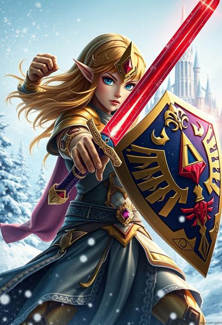 Princess Zelda prepares for an imminent attack, her hand firmly clutching a shield embellished with vibrant shades of gold and deep red. In her other hand, she brandishes a radiant longsword, distinguished by its pommel crafted from ruby and a blade featuring fierce, serrated edges accented with crimson highlights. Clad in robust armor of gold and ruby, along with a matching helmet, she embodies the spirit of Valentine's Day. The backdrop reveals a stunning winter wonderland, with snowflakes gently falling and a majestic castle rising in the distance.