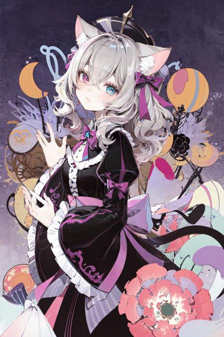 masterpiece, best quality, extremely detailed, detailed background, detailed face, 1girl, animal ears, solo, long hair, dress, tail, holding, lantern, cat ears, long sleeves, black dress, looking at viewer, cat tail, animal ear fluff, grey hair, holding lantern, cat girl, purple eyes, hair ornament, hat, two side up, frills, heterochromia, bangs, blue eyes, closed mouth, waving, purple background, hair between eyes, bow