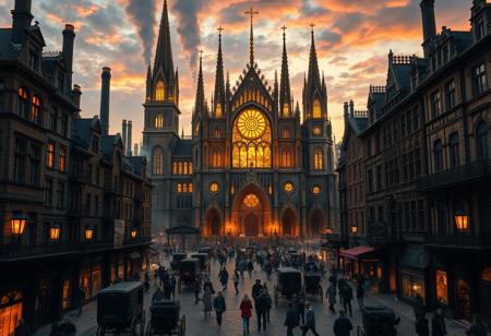 A bustling European city inspired by Victorian-era industrial architecture. Intricate ironwork, soot-covered stone facades, and towering chimneys spew smoke over the busy cobblestone streets filled with mechanized carriages and bustling crowds. At the city's heart stands a grand fantasy cathedral without a cross dedicated to the God of the Eternal Blazing Sun. Its radiant golden spires rise toward the sky, while stained glass windows depict celestial scenes, casting divine light across the square.
The cathedral’s gothic arches and sun symbols glow with an ethereal energy. The central sun disk hovers, radiating warm light, a stark contrast to the surrounding dark, soot-covered buildings. The city’s gas lamps flicker against the rough stone, while the cathedral glows with divine radiance. The mix of industrial grit and divine beauty creates a striking atmosphere as the city comes alive beneath the dramatic evening sky.
As dusk falls, the celestial aura intensifies, casting long shadows, while distant bells chime, summoning worshippers toward the golden-lit pathways of the cathedral. Ultra-realistic, 32k, Masterpiece, High Quality, with High Detailed Skin and Realistic Lighting, capturing the beautiful, intricate background in stunning detail. Official art, emphasizing epic, detailed realism.
(Ultra Realistic:1.0), 32k, (Masterpiece:1.0), (High Detailed Skin:1.0), (High Quality:1.0), (Detailed Realistic Background:1.3), (Official Art, Beautiful:1.2), (Realistic Lighting:1.0).