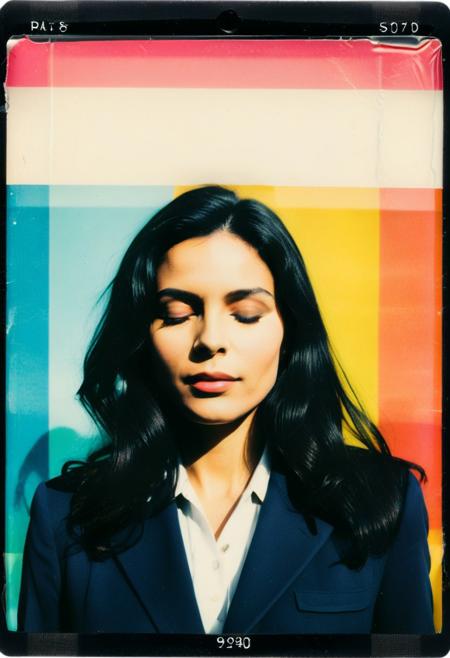 This is a photograph with a vintage Polaroid effect, with a relief suggesting the plastic side of a Polaroid outline, depicting a French woman with long, dark hair and light skin, dressed like a government spokesperson. She stands with her eyes closed and her mouth slightly open, displaying a serene expression. The background is blurred, revealing indistinct, colorful silhouettes, suggesting a lively, probably urban, environment. The image has a grainy, nostalgic texture, which reinforces its retro aesthetic.