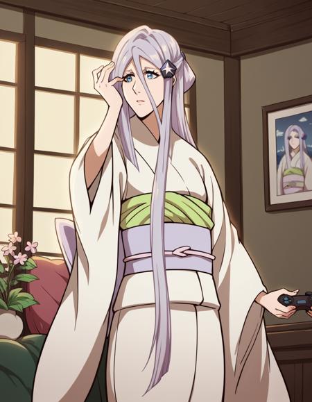 <lora:sode-no-shirayuki-anime-ponyxl-lora-nochekaiser:1>, sode no shirayuki, long hair, blue eyes, hair ornament, purple hair, flower, hair flower, light purple hair, japanese clothes, kimono, sash, obi,