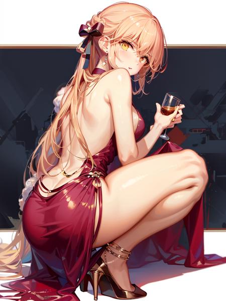 1girl,redgown,shamare,look back,legs apart,squatting,simple city background,holding coffee cup,Omertosa,cowboy shot, <lora:Girls' Frontline-OTs-14[lightning]-V3:1>