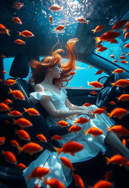 an image of a woman with red hair wearing a white dress, sitting and leaning against the seat in the passenger seat of a car that is submerged underwater, her hair is floating, Numerous orange fish are swimming around her and the car, creating a surreal and serene underwater environment. Sunlight is coming from the above, making her hair glow.