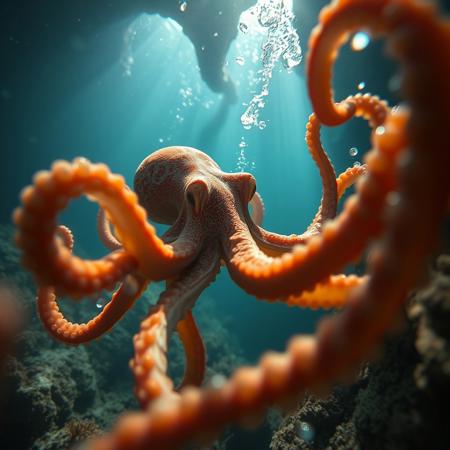 a very detailed close picture of an octopus escaping a labirinth   underwater near ,sunlight pasing throw water