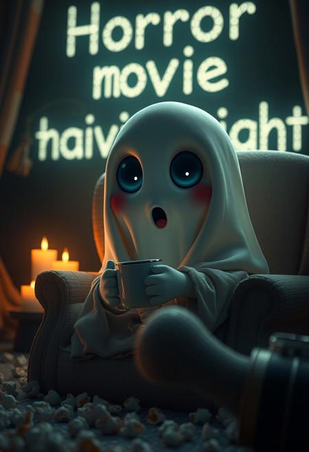 cute adorable, ghost-like creature with large, expressive eyes that capture a sense of wonder and curiosity. The creature's should be soft and illuminated , with shades of white that blend seamlessly with its dark surroundings. stunning cozy evening scene featuring a cute ghost character wrapped in a blanket, it's jaw hanging open, eyes huge, surprised expression on its face, sitting on a comfortable armchair, holding a mug, with scattered popcorn around and candles providing warm light, Behind it there are glowing letters that say "Horror movie night", moody, grainy, noisy, concept art, by Alberto Seveso, Cyril Rolando, Dan Mumford, Meaningful Visual Art, Detailed Painting, Digital Illustration, Unreal Engine 5, 32k maximalist, hyperdetailed fantasy art, 3d