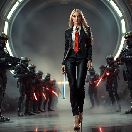 slender arrogant cold russian blonde lady wearing rich black glossy satin business trouser suite with lace inserts, small size opulent glossy high heels, white shirt, red silk tie, jewels, elegant small light saber,  standing, giant portal to outer space, fog from the floor, empire spaceship hangar, surrounded by halo odst troopers, fashion look, hollywood, vogue makeup, porcelain skin, long haired, ultrathin waisym reminiscent of H.R. Giger, Zdzisław Beksinski, and Ash Thorp's dark, sleek styles, with close-up glamour photography, glossy satin and silver heels glistening, fleshy slime dripping, and dark shadows.