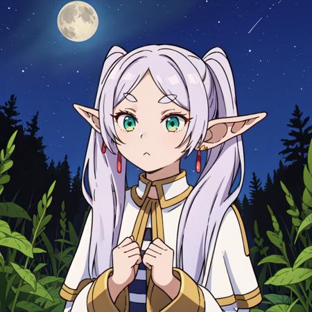 <lora:èèè®1Ve:1.0>1girl,solo,elf,white hair,grey hair,earrings,pointy ears,long hair,green eyes,twintails,parted bangs,thick eyebrows,å¥è£ä¸,collared capelet,white capelet,striped shirt,long sleeves,
<lora:ganbaruzoi-v4:1>ganbaruzoi, clenched hands, closed mouth, upper body, looking at viewer, outdoors, night, night sky, full moon, forest,