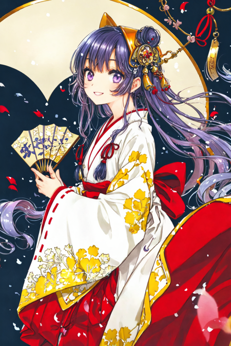 best quality, masterpiece, extremely detailed, detailed background, 1girl, japanese clothes, solo, long hair, miko, hand fan, hakama, wide sleeves, hakama skirt, red hakama, holding, kimono, purple hair, ribbon, skirt, long sleeves, red ribbon, petals, looking at viewer, purple eyes, ribbon trim, hairband, tassel, holding fan, folding fan, smile, ribbon-trimmed sleeves, bangs, white kimono, traditional media, hair ribbon, egasumi, floating hair, from side, blue hair, bell