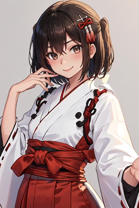 best quality, masterpiece, highres, solo, {white kimono:1.35}, {red hakama:1.35}, {wide sleeves:1.20}, {sendai_kantaicollection:1.15}, two_side_up, brown_eyes, short_hair, brown_hair, hair_ornament, bangs, smile, serafuku, blush, black_hair, hair_between_eyes