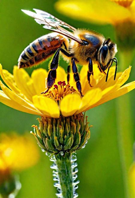 Craft an exquisite masterpiece that captures the stunning detail and vibrant life of a honey bee.The scene is set in an ultra-high-definition, sunlit meadow, brimming with colorful wildflowers. The honey bee, in hyper-realistic detail, is hovering near a bright yellow blossom. Its wings should be translucent and iridescent, catching the sunlight in a dazzling display. The bee's furry body is finely detailed, with each hair visible, glistening with tiny droplets of morning dew.The background is a blur of greenery and flowers, creating a depth of field that brings the bee sharply into focus. Surrounding the bee are soft, golden rays of sunlight filtering through the petals, creating a warm, inviting atmosphere. The entire scene is alive with the gentle buzz of the meadow and the delicate rustling of leaves in the breeze. This image should not only showcase the intricate beauty of the honey bee but also the vibrant ecosystem it thrives in, combining realism with a touch of whimsy.