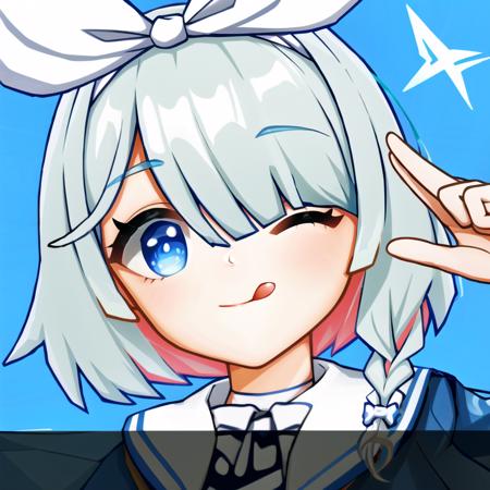 <lora:Genshin Icon:0.9>, genshin, looking at viewer, smile, simple background, one eye closed, tongue, tongue out, close-up, salute, two-finger salute, arona, 1girl, white hairband, bow hairband, halo, short hair, single braid, school uniform, blue shirt, white sailor collar, long sleeves, white bowtie, white choker <lora:aronaBlueArchive_v1:0.8>