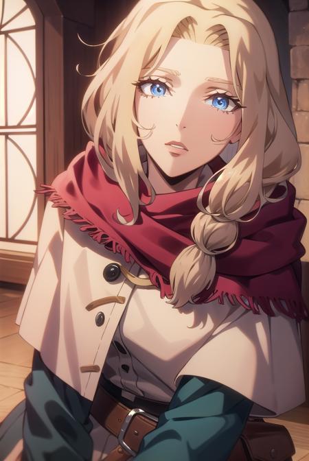 lisa tepes, long hair, blue eyes, blonde hair, hair over shoulder,  dress, red dress, long sleeves, skirt, long skirt, braid, belt, bag, cape, single braid, long sleeves, skirt, 