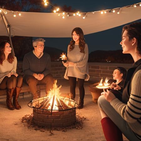 A cozy autumn evening bonfire gathering. Friends and family gather around a crackling fire pit to share stories and roast marshmallows for s'mores. In this scene, the woman wears a warm, knitted sweater dress layered over leggings with tall boots, her hair styled in loose waves that cascade down her back. She is comfortable yet stylish as she enjoys the company of those around her and embraces the crisp autumn air.<lora:a88:1>, masterpiece,best quality,CG 8k wallpaper,illustration,absurdres, city lights,