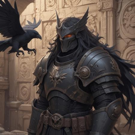 Create a high-definition, painterly image of an anthropomorphic raven knight, inspired by the styles of Hiroya Oku and Vasily Polenov, with a Space Marine and Dullahan in the background, set on a labyrinth wall. The image should be trending on ArtStation and Patreon, with a focus on the raven knight's close-up. Incorporate elements of Cushart Kenz and Aquarion, and experiment with a blurry, 50mm depth of field effect.