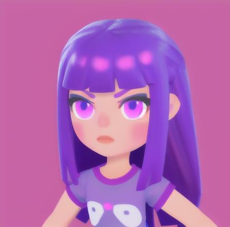 <lora:getaisoft3d:0.7>,solo,soft art style, 1girl, solo, long hair, blush, blue eyes,purple eyes, upper body, purple hair, short sleeves, pink shirt, 3d