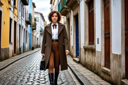<lora:pytorch_lora_weights_361535:1>,<lora:Skin Color_alpha1.0_rank4_noxattn_250steps:0.2>,A professional  street photography of On a historic Rua PilÃ£o Arcado in Salvador where colonial faÃ§ades meet palm-fringed squares and carnival drums beckon, Mid-morning warmth â bright sun ignites tilework, (crisp palm shadows:1.1) ripple across cobbles, (samba rhythms) pulse near street corners. , a 27 year old Croatian Woman,heterochromia eyes,(short brown hair),wavy hairs Curly Pixie,wearing fitted wool coat over a high-collar cotton blouse and tailored tweed trousers. Add opaque nylon tights, leather lace-up boots, and a leather shoulder bag. Complete with a velvet ribbon in the hair and a cameo necklace., (walk around:1.2),looking_ahead,, Masterpiece,best quality,realistic,HDR, 8K, masterpiece, absurdres, highly aesthetic