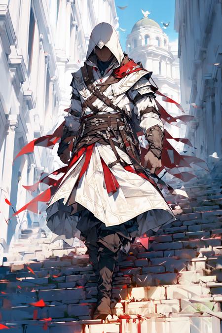 <lora:Assassin's_Creed:1>solo, 1boy, long_sleeves, holding, closed_mouth, standing, full_body, weapon, male_focus, boots, outdoors, day, belt, sword, pants, hood, cape, black_footwear, sash, bird, shaded_face, building, sheath, hood_up, sheathed, stairs, vambraces, weapon_on_back